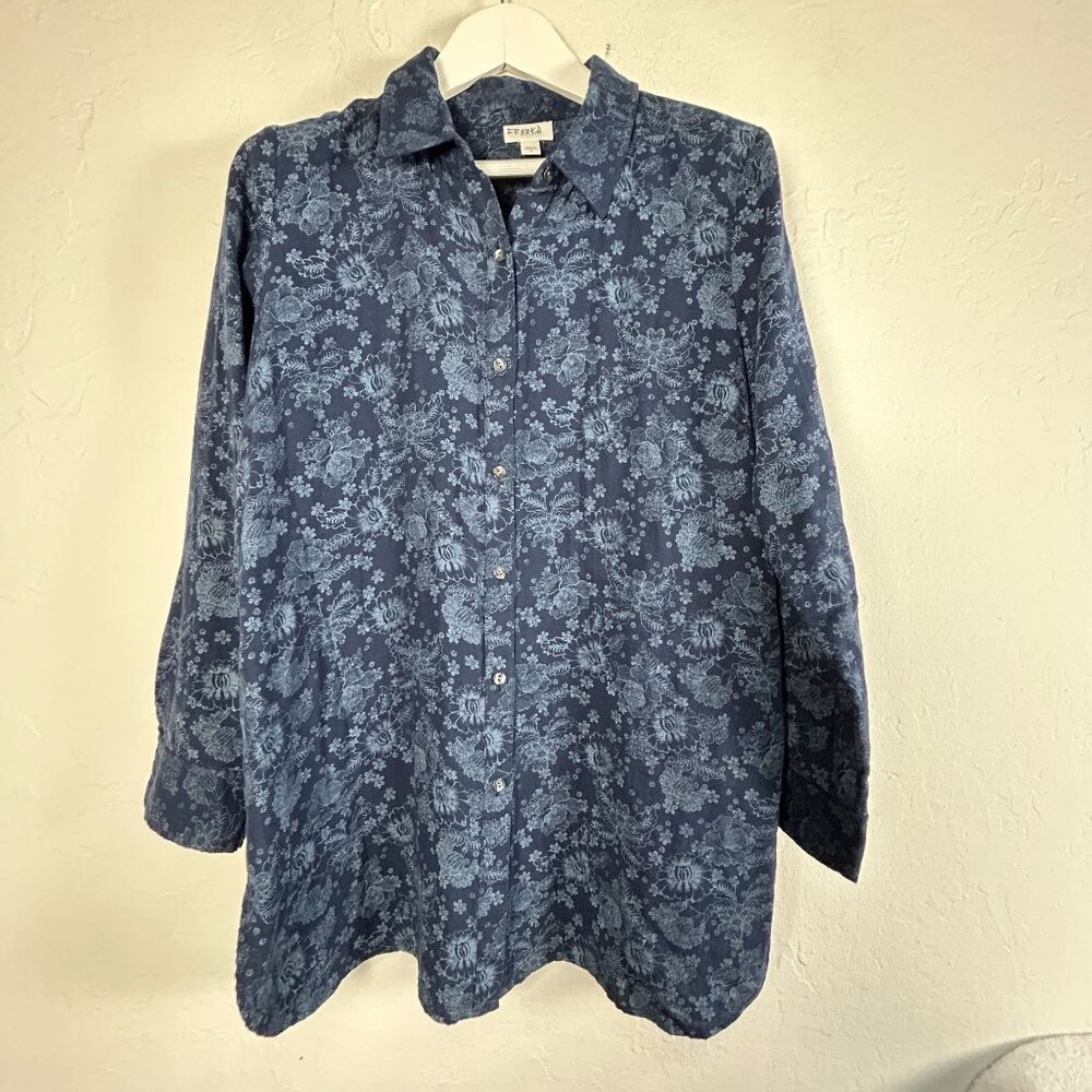 French J.Jill Pure Jill Womens Floral Button-Up Shirt Medium Blue Long Sleeve